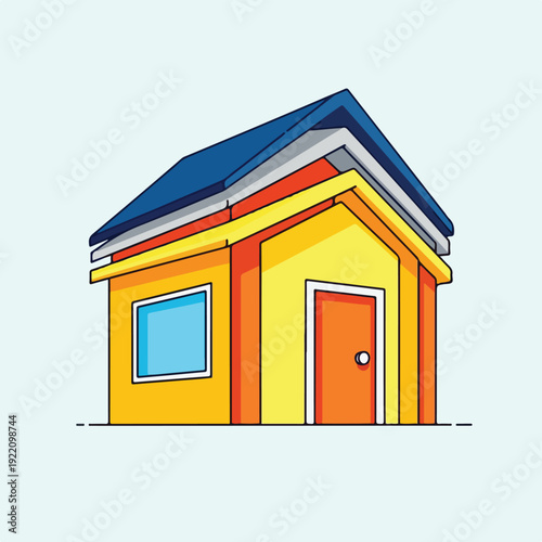 Colorful cartoon house with stacked roof, window, and door
