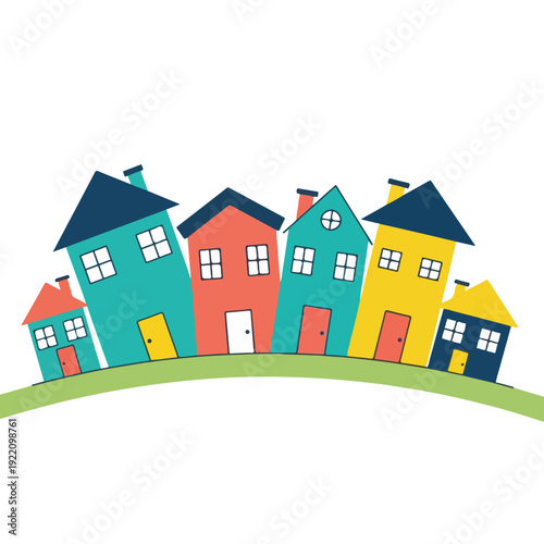 Colorful cartoon illustration of a row of tilted houses on a grassy hill