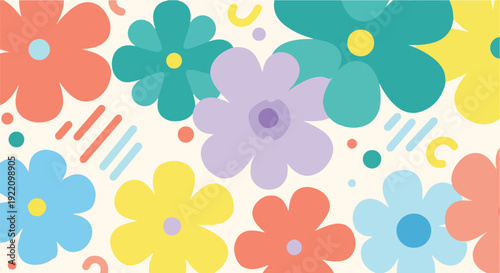 Colorful, cartoon-style flowers and shapes on a cream background