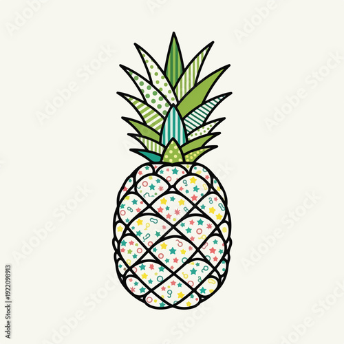 Colorful, cartoon-style pineapple illustration with decorative leaves and fruit