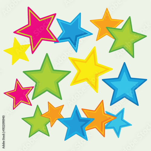 Colorful, cartoon-style stars arranged in a circular formation on a light background