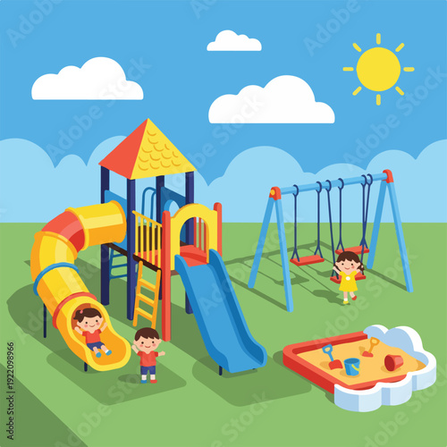 Colorful children's playground with kids, sun, clouds, and sandbox