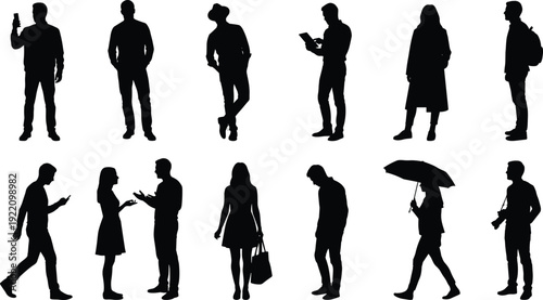 People silhouette collection, diverse men and women standing walking talking using smartphone umbrella and camera isolated on white background