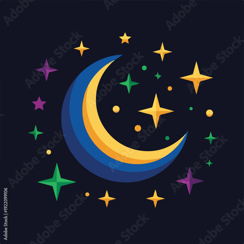 Colorful crescent moon with surrounding stars on a dark background