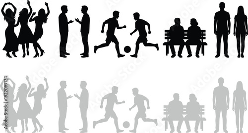 People silhouettes activity set, dancing friends talking men playing soccer sitting on bench isolated on white background vector