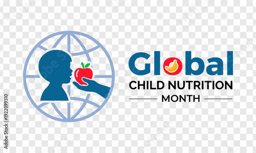 Global Child Nutrition Month concept featuring healthy food symbols and child care awareness in a balanced flat vector style. Creative nutrition awareness illustration of Banner poster, flyer design.