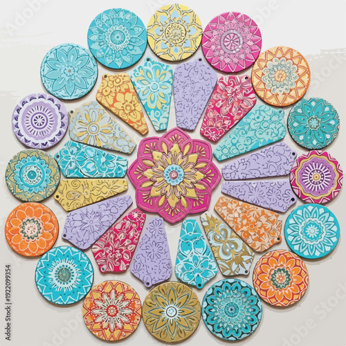 Colorful, decorated shapes and circles, forming a circular design