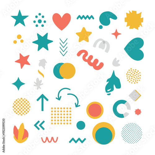 Colorful, diverse collection of geometric shapes and icons arranged on white