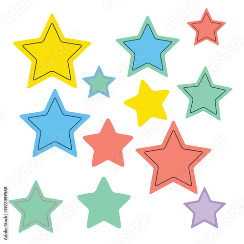Colorful, diverse stars of various sizes on a white background