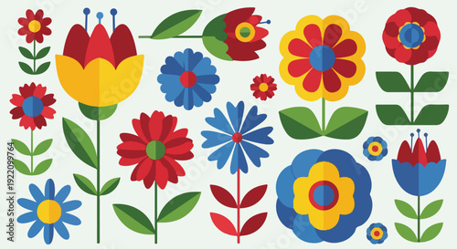 Colorful, flat design illustration of various stylized flowers