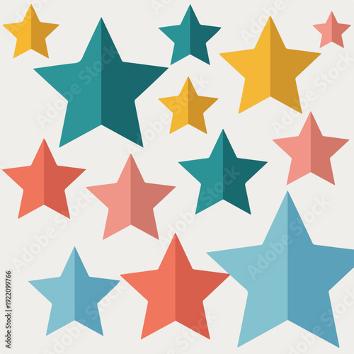 Colorful, flat design illustration showing various sized stars arranged randomly