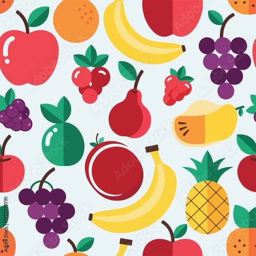 Colorful, flat design pattern featuring various fresh fruit illustrations