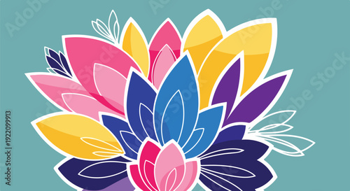 Colorful floral illustration, abstract petals, white outline, teal background