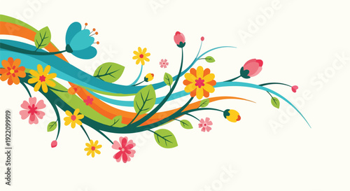 Colorful floral illustration featuring flowers, leaves, and flowing lines
