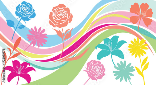 Colorful floral illustration with abstract shapes and flowing lines