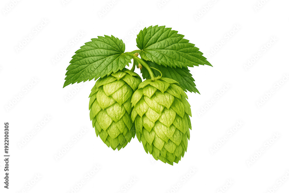 Naklejka premium Green hop cones with leaves, brewing ingredient for craft beer, natural plant for herbal medicine