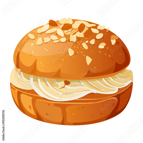 Soft brioche bun topped with crunchy nuts and thick cream filling for sweet breakfast or afternoon snack - Vector Illustration
