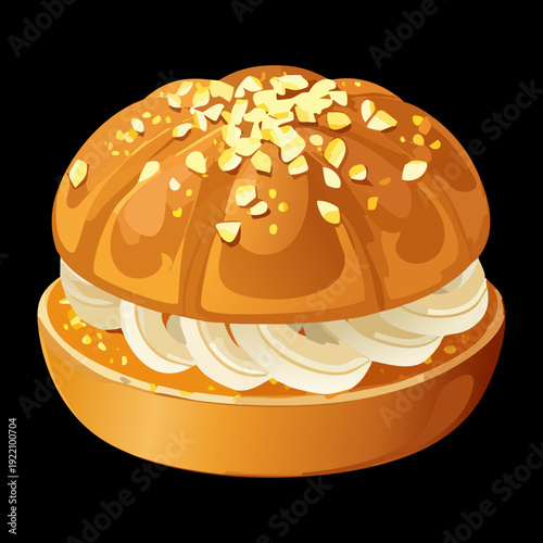 Golden brown toasted bun with creamy mascarpone filling and crushed nuts on top for bakery advertisement - Vector Illustration