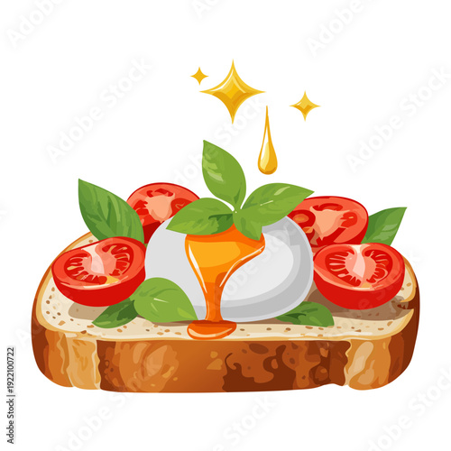 Delicious bruschetta topped with poached egg fresh tomatoes and green basil leaves for healthy breakfast menu - Vector Illustration