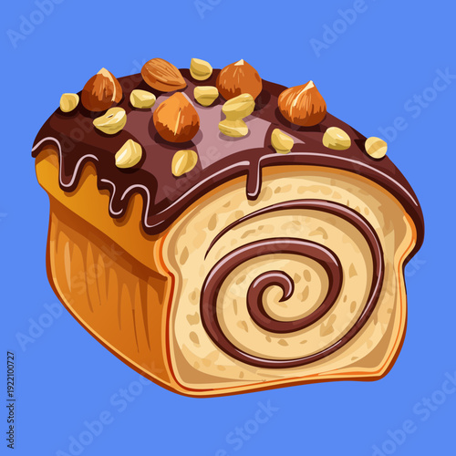 Sweet chocolate hazelnut roll cake with nuts topping and creamy filling for bakery shop promotion material - Vector Illustration