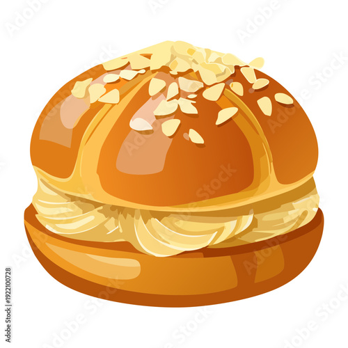 Freshly baked bun with thick whipped cream and crushed almonds for delicious bakery shop display menu - Vector Illustration