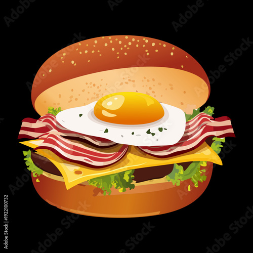 Savory breakfast burger with fried egg crispy bacon and melted cheese on sesame bun for fast food - Vector Illustration