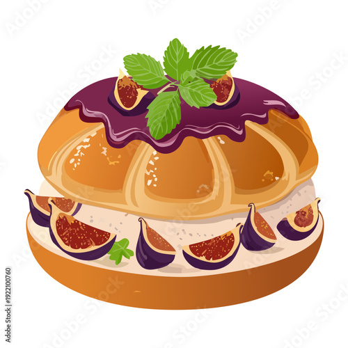 Fruit tartlet with fig slices and whipped cream on crusty pastry base for sweet dessert menu options - Vector Illustration