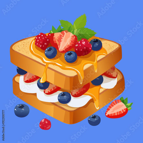 Triple decker fruit sandwich with whipped cream strawberries and blueberries for creative sweet snack for children party - Vector Illustration