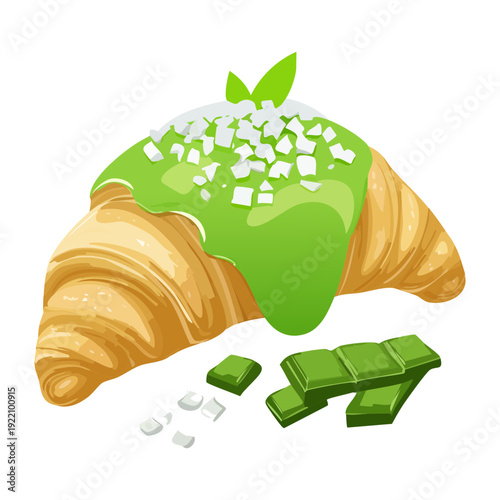 Green matcha glazed croissant for modern bakery shop and creative sweet pastry dessert menu advertisement materials - Vector Illustration