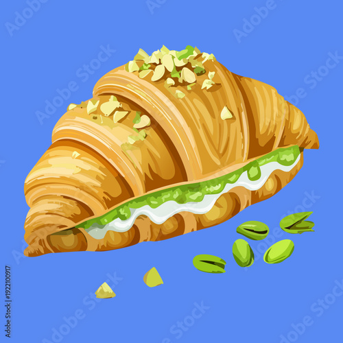 Pistachio cream filled croissant topped with crushed nuts for gourmet bakery dessert and sweet pastry collection - Vector Illustration