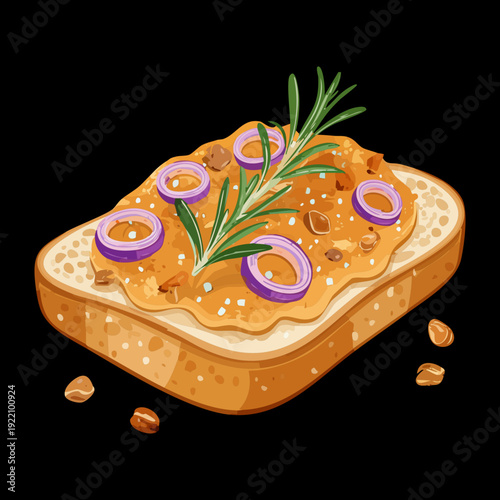 Toasted focaccia bread with rosemary and red onion for savory Italian appetizer and gourmet restaurant menu - Vector Illustration