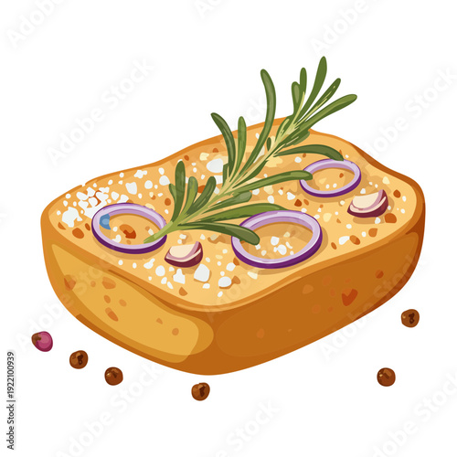 Herb focaccia bread topped with fresh rosemary and sea salt for traditional Italian bakery shop menu - Vector Illustration