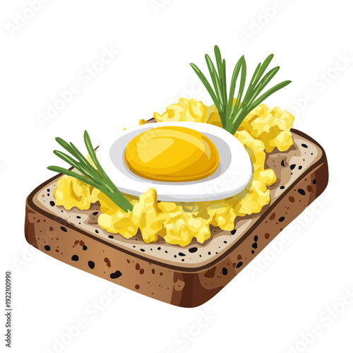 Savory breakfast toast topped with scrambled eggs and fresh herbs for healthy morning protein meal option - Vector Illustration