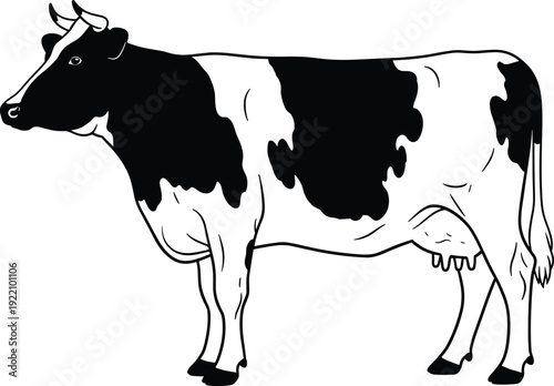 Black and white vector illustration of a Holstein dairy cow side view for organic milk production farming livestock agriculture and ranching industry branding