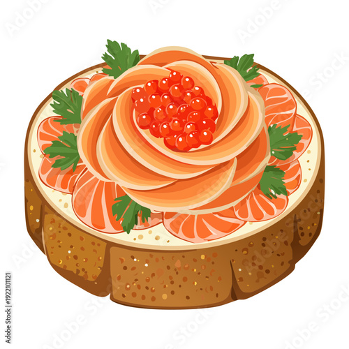 Traditional salmon appetizer on crusty bread with cream cheese for elegant catering or snack menu - Vector Illustration