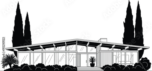 Black and white vector illustration of a mid century modern house with glass walls flat roof and cypress trees for real estate and architecture branding