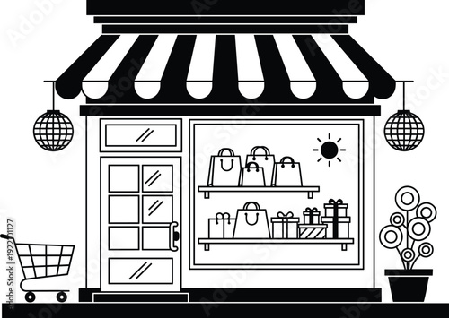 Black and white vector illustration of a modern boutique storefront with a striped awning display window shopping bags cart and gifts for retail branding