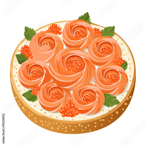 Gourmet salmon lox on toast with fresh dill and cream cheese for classic seafood breakfast menu - Vector Illustration