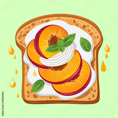 Sweet peach toast with honey drizzle and fresh mint for gourmet healthy breakfast or snack option - Vector Illustration