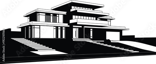 Black and white vector illustration of a modern luxury villa silhouette with multiple levels large balconies stairs and a garage for real estate branding