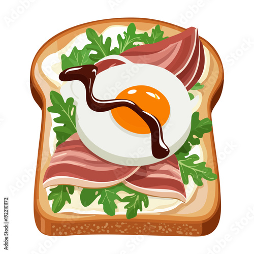 Savory ham and egg toast with arugula for high protein healthy breakfast or nutritious lunch option - Vector Illustration