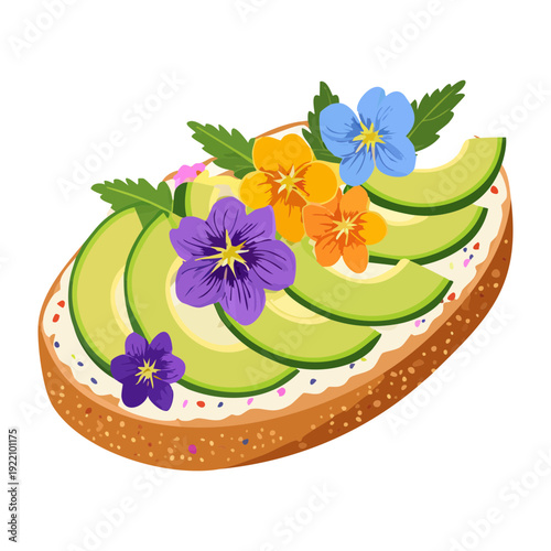 Beautiful avocado toast decorated with edible flowers and herbs for aesthetic healthy breakfast menu options - Vector Illustration