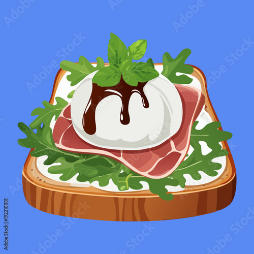 Elegant prosciutto toast with poached egg and balsamic glaze for gourmet brunch or breakfast menu - Vector Illustration