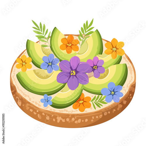 Healthy avocado spread on toast topped with colorful flowers for creative vegetarian breakfast or snack - Vector Illustration