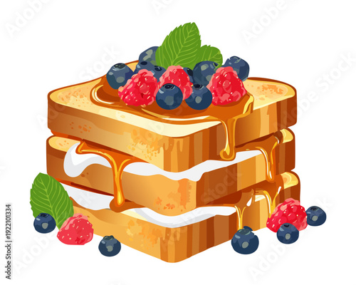 Gourmet Stacked Pancakes with Fresh Blueberries Raspberries and Sweet Cream Sauce Topping on Pastel Background - Vector Illustration