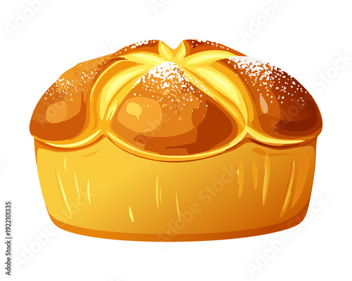Traditional Braised Brioche Bread Loaf with Golden Crust and Powdered Sugar Dusting for Sweet Bakery - Vector Illustration