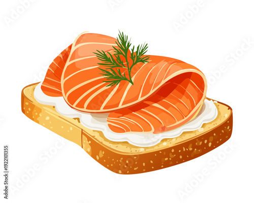 Delicious Salmon Smorrebrod with Herb Cream Cheese and Fresh Dill on Toasted Sourdough Bread Slice - Vector Illustration