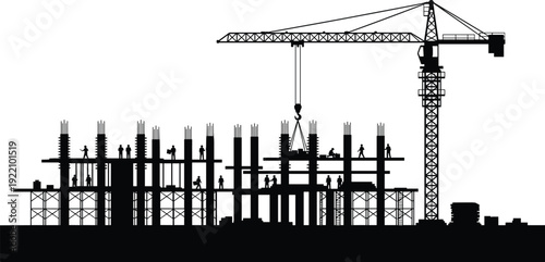 Black vector silhouette of a busy construction site with high rise building frame industrial crane and workers for architecture engineering and infrastructure branding