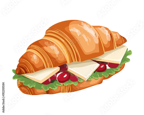 Savory Croissant Sandwich with Ham Cheese and Fresh Lettuce for Delicious Breakfast or Brunch Menu - Vector Illustration