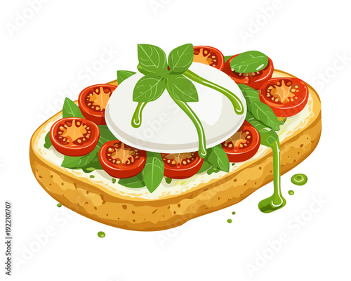 Fresh Caprese Toast with Burrata Cheese Sliced Tomatoes and Green Pesto Drizzle for Healthy Snack - Vector Illustration